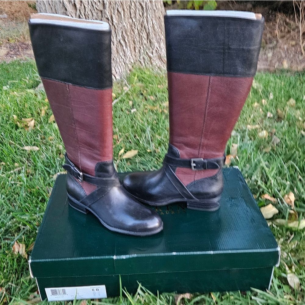 Ralph Lauren Maryann Brown and Black Leather Tall Boots